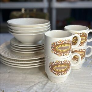 Vintage Elegant Cream Dinnerware Set with Patterned Mugs